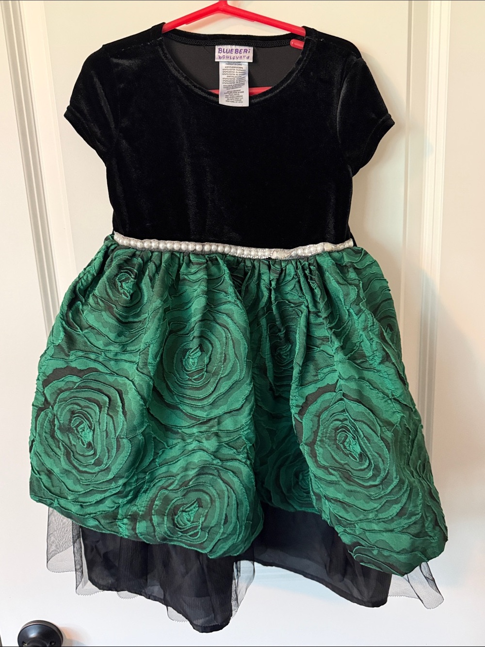 Blueberi Boulevard Black Velvet Top with Emerald Floral Skirt Girls Dress